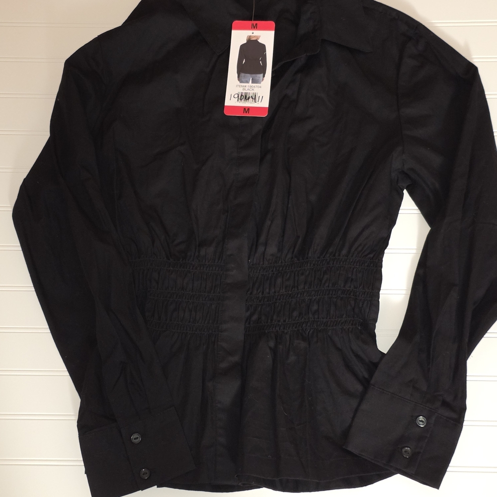 Steve Madden Elegant Black Ruched Button Up Blouse